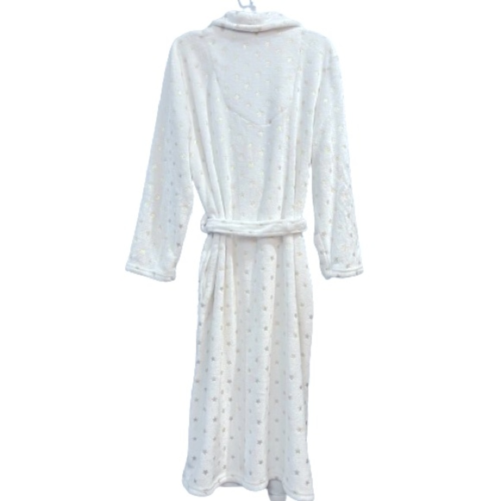 Plush Very White With Tiny Gold Stars Self-Tie Full Length Robe Two Side Pockets - Picture 2 of 7